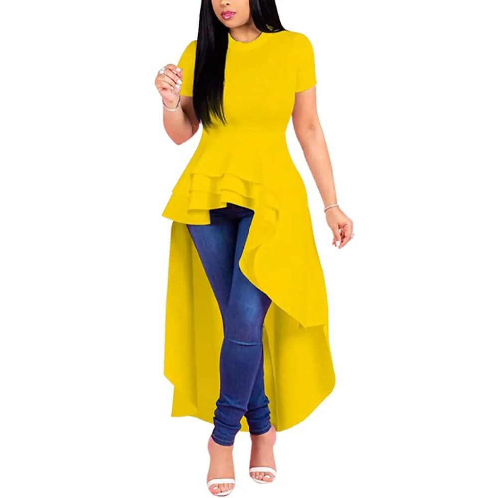 High Low Asymmetrical Ruffled Short Sleeve Off Shoulder Tunic Dress yellow Sm
